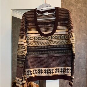 TSE burgundy, Brown and Cream Scoop Neck Patterned cashmere Knit Sweater